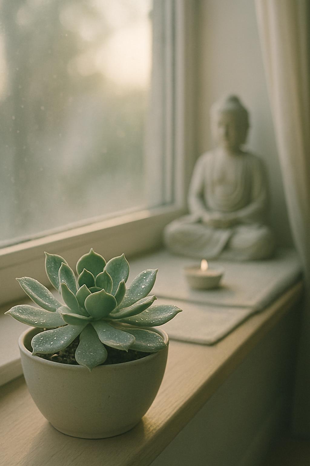 Succulent and candle in a window siele