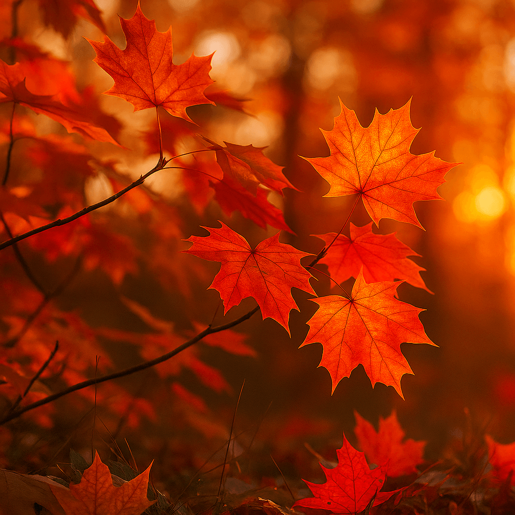 Fall, radiant maple leaves glowing in warm sunlight