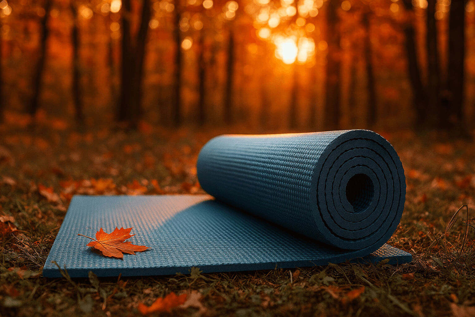Yoga mat in the Golden fall sunlight