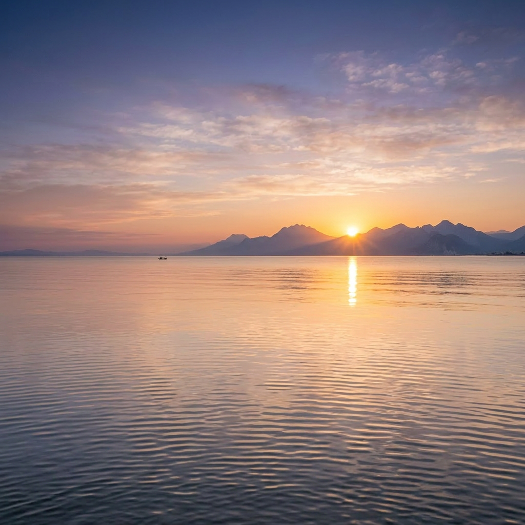 Sunset with sun near mountain peaks reflecting on calm lake water under a partly cloudy sky